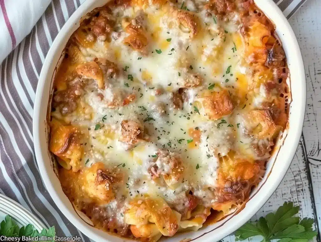 Cheesy baked tortellini casserole with meat sauce served in a baking dish