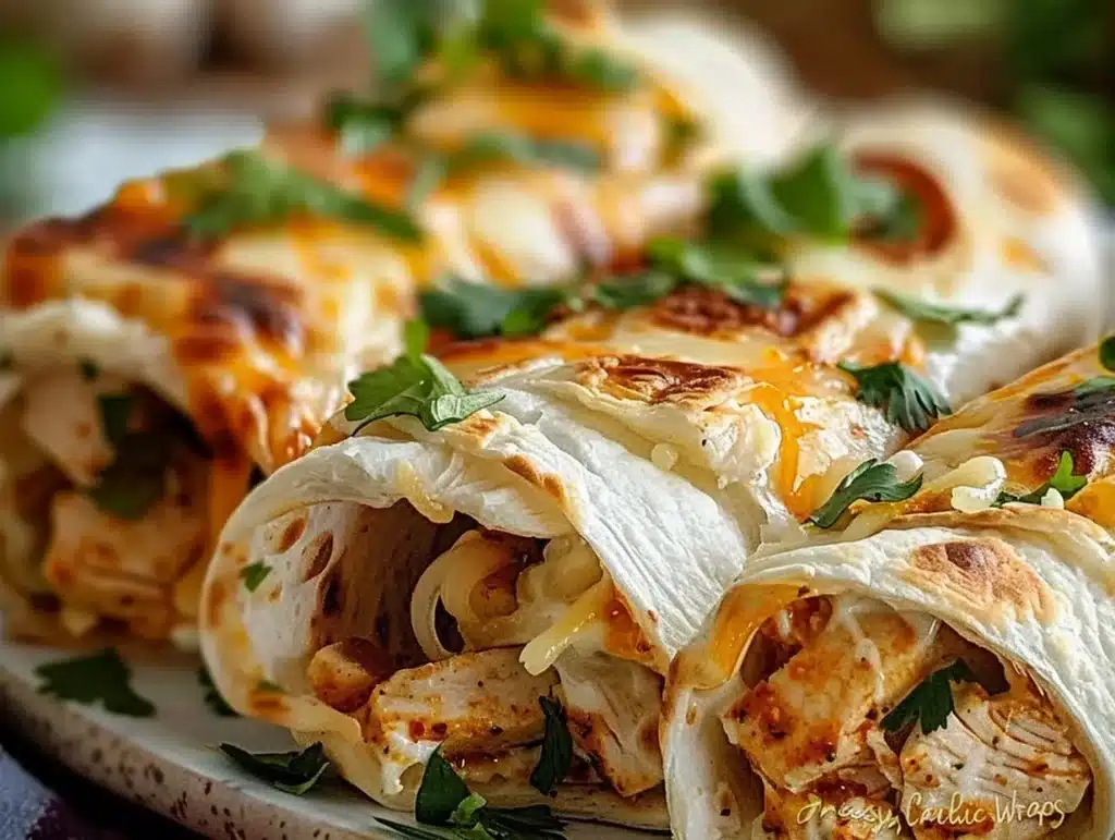 Cheesy chicken garlic wraps ready to serve, ideal for a quick meal.