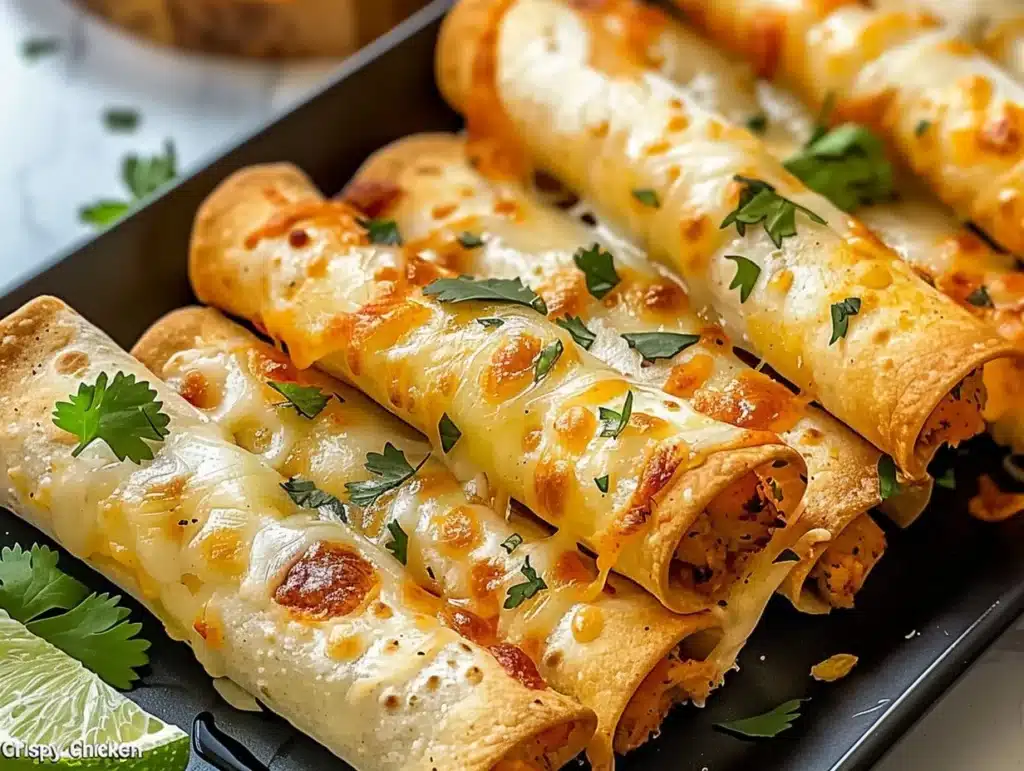 Plate of crispy chicken taquitos garnished with fresh cilantro and salsa.