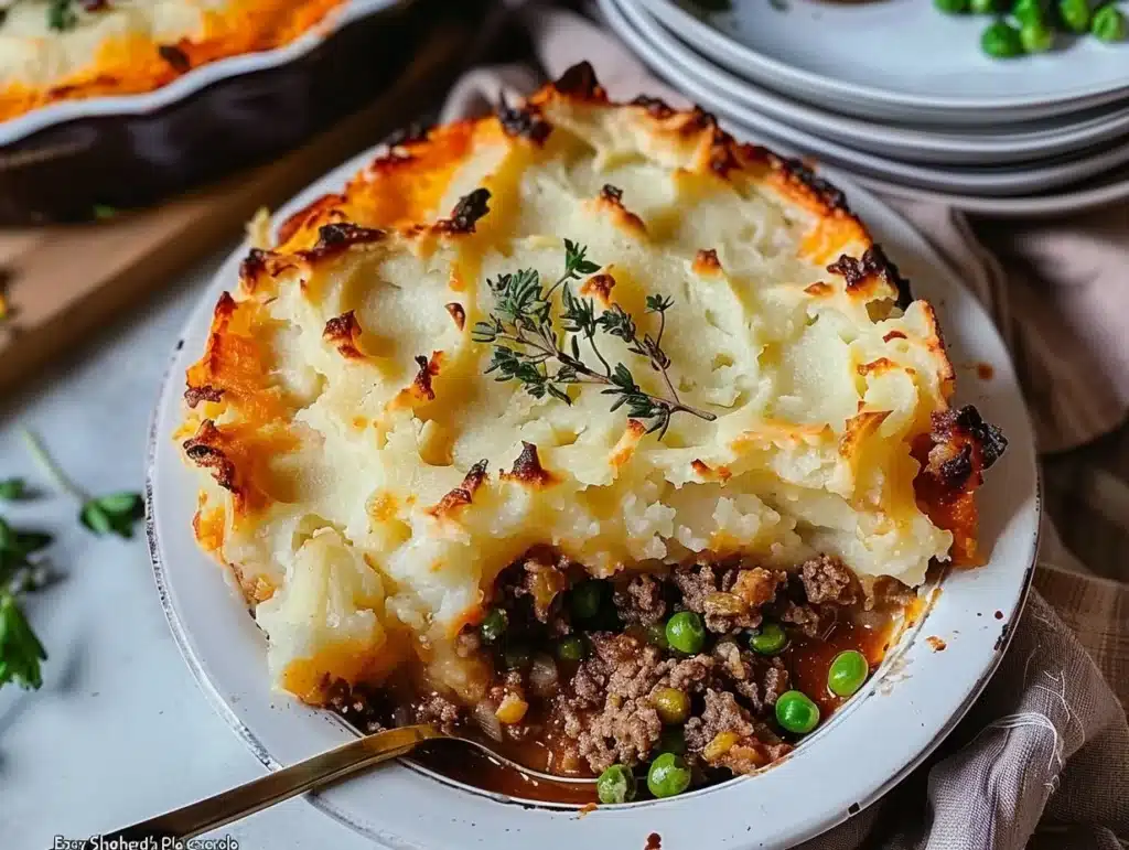 Easy Shepherd's Pie Casserole with a golden crust and savory filling