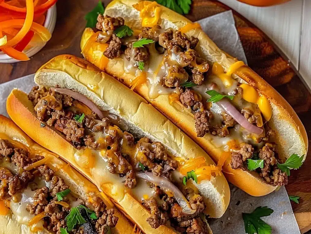 Delicious Ground Beef Philly Cheesesteaks with melted cheese and fresh toppings