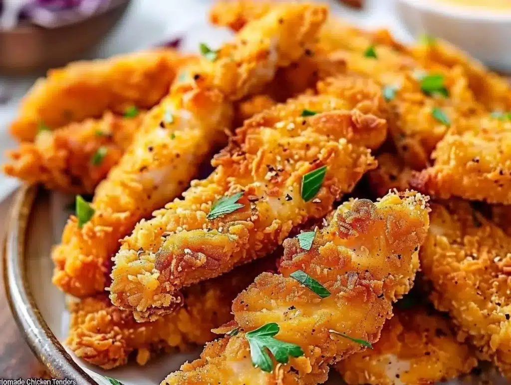 Plate of crispy homemade baked chicken tenders served with dipping sauce.