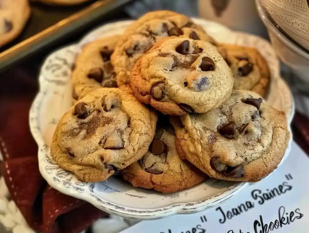 Joanna Gaines' homemade chocolate chip cookies on a rustic wooden table
