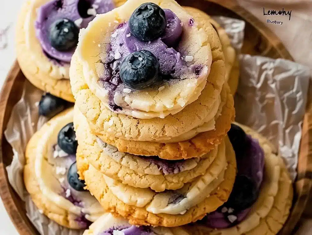 Freshly baked lemon blueberry cookies on a cooling rack