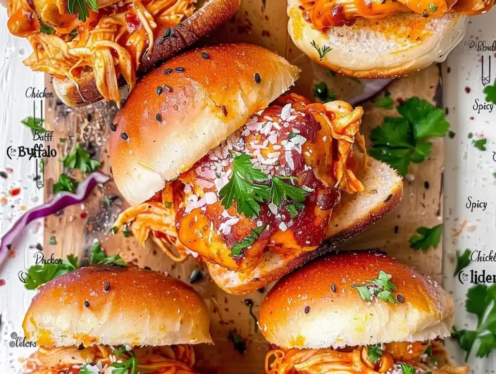 Delicious Spicy Buffalo Chicken Sliders served on a platter