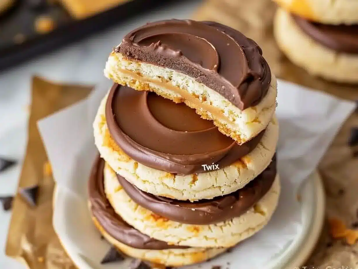 Delicious Twix Cookies topped with caramel and chocolate for a sweet dessert.